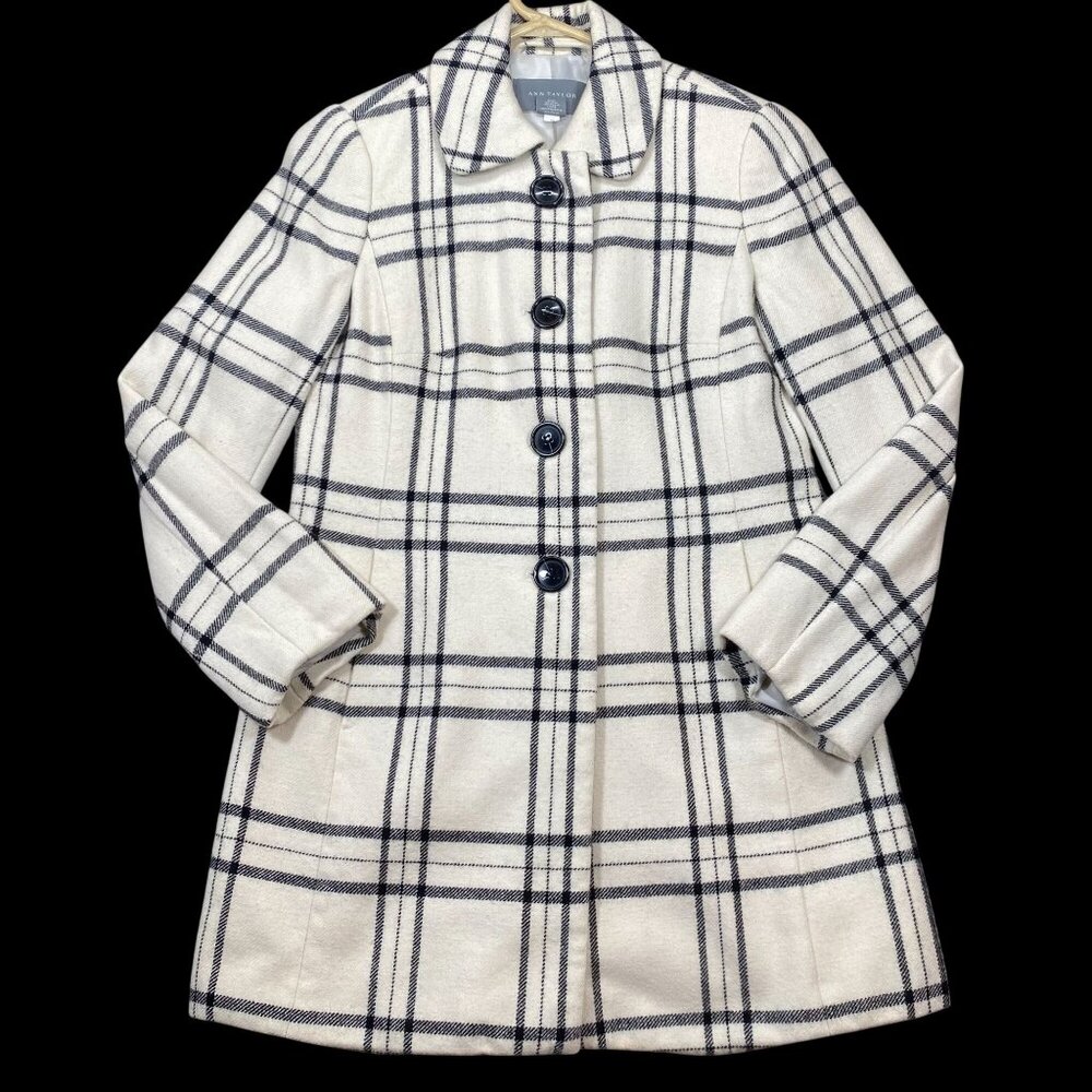 Ann Taylor Petite Womens Plaid Wool Blend Button-Front Coat Size 2P White  Black